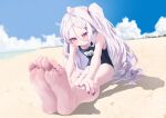  absurdres barefoot beach blue_archive blue_sky blush cloud feet highres hina_(blue_archive) long_hair nail_polish no_shoes ocean pan_(ryu) purple_eyes school_swimsuit sky soles stretching swimsuit toes very_long_hair white_hair 