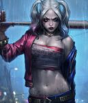  1girl bangs baseball_bat batman_(series) blonde_hair blue_eyes breasts cloud commentary dc_comics english_commentary harley_quinn highres holding jee-hyung_lee large_breasts looking_at_viewer makeup midriff multicolored_hair navel outdoors rain short_hair solo suicide_squad twintails western_comics_(style) 