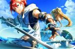  1boy 1girl adol_christin axe back-to-back battle_axe buckle character_request copyright_request fingerless_gloves gloves grey_eyes holding holding_axe holding_sword holding_weapon hood hoodie hwhh looking_at_viewer red_hair sword twintails weapon ys 