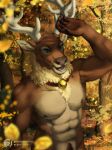  anthro antlers autumn bell bell_collar blue_eyes body_hair brown_body brown_fur bust_portrait cervine collar deer elk falling_leaves forest fur happy_trail hi_res horn leaf male mammal muscular muscular_anthro muscular_male nipples nude open_mouth outside pecs pinup plant portrait pose silverbloodwolf98 solo tree 