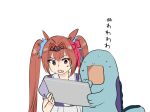  1girl animal_ears bow brown_hair daiwa_scarlet_(umamusume) fang hair_intakes holding holding_tablet_pc horse_ears horse_girl long_hair open_mouth pic_koiwai pink_eyes pokemon quagsire surprised sweat tablet_pc tiara twintails umamusume 