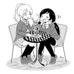  2girls :o ^_^ ^o^ arm_rest ayase_eli bangs between_fingers blazer blush bow bowtie closed_eyes dessert dot_nose eating elbow_rest facing_another food full_body greyscale hair_ornament hair_scrunchie halftone hand_up happy head_rest holding holding_spoon jacket karaagetarou kneehighs knees_together_feet_apart legs_together loafers long_hair long_sleeves looking_at_another love_live! love_live!_school_idol_project low_twintails miniskirt monochrome motion_lines multiple_girls on_chair open_mouth otonokizaka_school_uniform parfait pleated_skirt ponytail round_teeth school_uniform scrunchie shoes signature simple_background sitting skirt smile socks spoon table tareme teeth thighhighs tiptoes toujou_nozomi twintails upper_teeth_only v-shaped_eyebrows whipped_cream white_background wing_collar zettai_ryouiki 