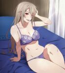  1girl arm_up bed breasts cleavage eydis_(sao) flower grey_hair large_breasts lingerie long_hair looking_at_viewer navel open_mouth panties puge purple_panties red_eyes solo underwear 