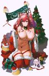  1girl absurdres antlers azur_lane bare_shoulders bell breasts bremerton_(azur_lane) character_doll christmas_tree cleavage covered_nipples fur_trim gift gloves hair_ornament hammann_(azur_lane) highres kneeling large_breasts long_hair looking_at_viewer manjuu_(azur_lane) mole mole_on_breast mole_under_eye navel nike_(nike1060) off_shoulder purple_eyes red_gloves red_hair red_thighhighs reindeer_antlers smile solo thighhighs twintails 