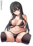  1girl bangs bikini black_bikini black_hair blush breasts closed_mouth collarbone cropped_legs ebifurya highres isokaze_(kancolle) kantai_collection large_breasts long_hair looking_at_viewer navel one-hour_drawing_challenge red_eyes sidelocks simple_background skindentation smile solo swimsuit thighhighs twitter_username underboob white_background 