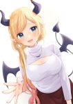  1girl :d absurdres akowazaki bangs blonde_hair blue_eyes blush breasts cleavage cleavage_cutout clothing_cutout demon_horns demon_tail demon_wings dutch_angle gradient_hair highres hololive horns long_hair long_sleeves looking_at_viewer meme_attire multicolored_hair open-chest_sweater pointy_ears smile solo sweater swept_bangs tail very_long_hair virtual_youtuber white_sweater wings yuzuki_choco 
