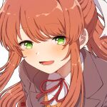  1girl artist_name bangs blazer blush brown_hair brown_sweater_vest close-up commentary doki_doki_literature_club dress_shirt green_eyes grey_jacket hair_ribbon jacket long_hair looking_at_viewer lower_teeth_only misogi_ria monika_(doki_doki_literature_club) neck_ribbon open_mouth ponytail portrait red_ribbon ribbon school_uniform shirt sidelocks signature smile solo sweater_vest teeth white_ribbon white_shirt 