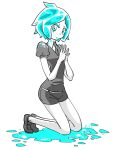  1other :o aqua_eyes aqua_hair bare_arms bare_legs belt colored_eyelashes crystal_hair from_side full_body gem_uniform_(houseki_no_kuni) hands_up high_collar houseki_no_kuni karaagetarou kneeling light_particles loafers looking_at_viewer necktie other_focus own_hands_together parted_lips phosphophyllite puffy_short_sleeves puffy_sleeves shoes short_hair short_sleeves shorts signature simple_background solo spot_color steepled_fingers tiptoes white_background wing_collar 