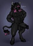  anthro balls big_balls big_penis black_body black_fur black_nose bodily_fluids bovid bovine cattle cloven_hooves dripping erection fur genital_fluids genitals hair hands_on_hips hi_res highlights_(coloring) hooves horn humanoid_genitalia humanoid_pussy looking_at_viewer male mammal musclegut muscular muscular_anthro muscular_male nude penis pink_hair precum precum_drip pussy skye3337 slightly_chubby smile solo standing tail_tuft thick_penis tuft 