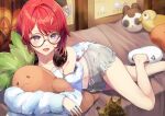  1girl absurdres ahoge ange_katrina blue_eyes cat curtains glasses headphones headphones_around_neck highres indoors looking_at_viewer lying navel nijisanji on_bed on_side open_mouth red_hair shinomiya_shino_(sinosino141) smile solo stuffed_animal stuffed_toy virtual_youtuber 