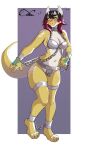  ankle_cuffs anthro blue_eyes chain chastity_belt chastity_bra chastity_device collar cuff_(restraint) embarrassed errathimal_(zettra_thorn) feet female hair hi_res horn horn_markings katfishcom kobold looking_down markings multicolored_hair nails restraints scalie solo two_tone_hair yellow_body 