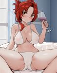 1girl alcohol arzareia bed bra breasts cameltoe closed_mouth cup drinking_glass highres holding holding_cup honkai_(series) honkai_impact_3rd indoors large_breasts looking_at_viewer murata_himeko navel panties red_hair sitting smile solo spread_legs underwear white_bra white_panties window wine wine_glass yellow_eyes 