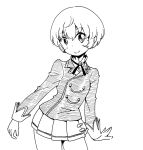  1girl aikatsu! aikatsu!_(series) bangs closed_mouth contrapposto cowboy_shot cross_tie dot_nose fang fang_out greyscale hair_between_eyes hatching_(texture) hattori_yuu high_collar jacket karaagetarou lapels light_blush linear_hatching long_sleeves looking_at_viewer looking_to_the_side miniskirt monochrome notched_lapels pleated_skirt school_uniform short_hair simple_background single_stripe skirt sleeve_cuffs smile solo split_mouth standing starlight_academy_uniform white_background wrist_extended 
