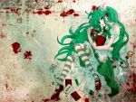  1girl alice_in_wonderland bangs blood blood_splatter book bow card cup dress echowl frilled_dress frills green_hair hair_bow hatsune_miku hitobashira_alice_(vocaloid) holding holding_book holding_cup knees_up long_hair looking_at_viewer neck_ribbon open_mouth pantyhose parted_lips pinafore_dress playing_card pocket_watch puffy_short_sleeves puffy_sleeves ribbon short_sleeves signature solo striped striped_pantyhose teacup twintails very_long_hair vocaloid watch 