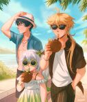  1girl 2boys aether_(genshin_impact) ahoge alternate_costume bare_shoulders beach black_shirt black_shorts blonde_hair blue_hair blue_shirt blunt_ends bracelet casual chalseu cocktail_umbrella coconut_cup collared_shirt cowboy_shot cup dress drinking drinking_straw earrings flower-shaped_eyewear flower_in_drink frilled_dress frills genshin_impact gradient_dress green-framed_eyewear green_dress grey_hair hair_between_eyes hair_ornament hair_over_shoulder hand_in_pocket hand_on_own_head hat highres holding holding_clothes holding_cup holding_hat jewelry leaf_hair_ornament long_hair looking_to_the_side low_ponytail multiple_boys nahida_(genshin_impact) necklace off-shoulder_dress off_shoulder open_clothes open_shirt outdoors pants plaid plaid_pants scaramouche_(genshin_impact) shirt shirt_under_shirt short_hair short_hair_with_long_locks short_sleeves shorts side_ponytail sidelocks single_earring sunglasses tree walking white_dress white_shirt 
