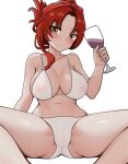  1girl alcohol arzareia bed bra breasts cameltoe closed_mouth cup drinking_glass highres holding holding_cup honkai_(series) honkai_impact_3rd large_breasts looking_at_viewer murata_himeko navel panties red_hair simple_background sitting smile solo spread_legs underwear white_background white_bra white_panties window wine wine_glass yellow_eyes 