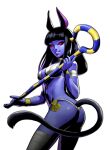 2016 alpha_channel animal_humanoid bikini black_hair blue_body bracelet breasts butt cat_humanoid cat_tail claws clothing collar colored_nails desert design_sheet digital_media_(artwork) felid felid_humanoid feline feline_humanoid female hair humanoid jewelry long_hair looking_at_viewer mammal mammal_humanoid metal_slug metal_slug_attack mummy mummy_cat nails navel official_art red_eyes simple_background snk solo staff swimwear transparent_background undead unknown_artist video_games 