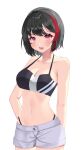  1girl absurdres bang_dream! bangs bikini black_hair blush breasts cleavage highres kaho_oco large_breasts mitake_ran multicolored_hair navel open_mouth red_eyes red_hair short_hair shorts solo streaked_hair swimsuit two-tone_hair v-shaped_eyebrows 