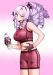  1girl :t absurdres bangs bare_shoulders black_gloves bottle breasts choker crop_top drill_hair gloves gym_shorts hair_ribbon hairband half-closed_eye high_ponytail highres holding holding_bottle hyakumantenbara_salome large_breasts long_hair midriff navel nijisanji parted_bangs pout pouty_lips purple_eyes purple_hair purple_ribbon raised_eyebrow ribbon ringlets shorts simple_background solo sports_bra sportswear tehepero_000 uneven_eyes virtual_youtuber water_bottle 