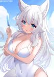  1girl :3 absurdres animal_ear_fluff animal_ears bangs blue_eyes blush breasts cleavage closed_mouth covered_navel day food fox_ears hair_between_eyes highres indie_virtual_youtuber kurashina_yuzuki large_breasts long_hair looking_at_viewer lumi_(merryweather) one-piece_swimsuit outdoors popsicle solo standing swimsuit tongue tongue_out virtual_youtuber white_hair 