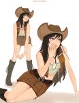  1girl absurdres artist_name bare_arms bare_shoulders belt black_belt black_hair boots breasts brown_footwear brown_headwear brown_skirt brown_vest cleavage cowboy_boots cowboy_hat crisis_core_final_fantasy_vii crop_top cropped_vest feet_out_of_frame final_fantasy final_fantasy_vii fringe_trim full_body hair_between_eyes hand_to_own_mouth hat highres katsuartsu leaning_forward leather_skirt leather_vest long_hair looking_at_viewer looking_to_the_side medium_breasts midriff multiple_views official_alternate_costume parted_lips red_eyes shirt skirt sleeveless sleeveless_shirt solo tifa_lockhart vest white_background white_shirt 