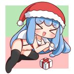  &gt;_&lt; 1girl :d bangs black_thighhighs blue_hair blush box chibi closed_eyes facing_viewer full_body fur-trimmed_headwear gift gift_box half_slime-chan hana_kazari hat highres holding holding_sack long_hair monster_girl navel no_shoes original red_headwear sack santa_costume santa_hat slime_girl smile solo thighhighs v-shaped_eyebrows very_long_hair xd 