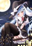  1girl absurdres animal_ears bat_(animal) black_thighhighs blue_hair blush boots bow broom broom_riding brown_eyes closed_mouth frown garter_belt hat highres kurashina_yuzuki long_hair looking_at_viewer moon night original outdoors panties pantyshot rabbit_ears short_sleeves sky solo star_(sky) starry_sky thighhighs twintails underwear white_bow white_panties witch witch_hat 