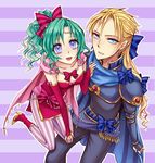  1boy 1girl armor blonde_hair blue_eyes blue_ribbon bow bow_tie bowtie cape detached_sleeves earrings edgar_roni_figaro female final_fantasy final_fantasy_vi green_hair jewelry long_hair male merrymerry open_mouth ponytail red_ribbon ribbon tina_branford 
