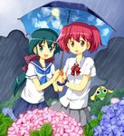  :d azumaya_koyuki flower green_eyes green_hair hinata_natsumi hydrangea keroro keroro_gunsou long_hair multiple_girls open_mouth ponytail rain red_eyes red_hair ruu_(tksymkw) school_uniform serafuku shared_umbrella short_hair skirt sky_print smile twintails umbrella 