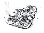  bad_id bad_pixiv_id driving greyscale ground_vehicle helmet monochrome motor_vehicle motorcycle sketch solo zenisu 