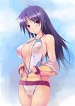  amei_sumeru blush erect_nipples image_manipulation jacket long_hair nipples original photoshop purple_hair red_eyes see-through swimsuit undressing 