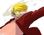  1boy angry blonde_hair cigarette collared_shirt facial_hair goatee hair_over_one_eye jacket male male_focus one_piece one_piece:_strong_world open_collar pink_shirt pirate red_jacket red_shirt sanji shirt smoke smoking solo 