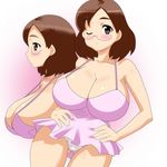  blush breasts brown_eyes brown_hair cleavage curvy eyebrows fat_mons glasses hand_on_hips hands_on_hips highres hips huge_breasts nightgown panties short_hair sideboob tamanegiya thick_eyebrows thigh_gap thighs underwear white_panties wide_hips wink 