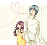  &lt;3 aoixhiro apron blue_hair cook couple heart long_hair purple_hair skirt smile souma_hiroomi tear uneasy waitress working!! yamada_aoi 