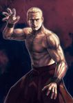  1boy abs blonde_hair fatal_fury fighting_stance geese_howard hakama japanese_clothes king_of_fighters kof male male_focus muscle nose realistic santi_casas scar shirtless snk solo the_king_of_fighters wristband 