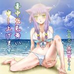  2010 animal_ears barefoot beach bikini breasts cat_ears cleavage day feet front-tie_top green_eyes large_breasts purple_hair shochuumimai solo sparkle spread_legs swimsuit translated yajou_hirarin 