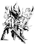  armor axe drias final_fantasy final_fantasy_v flail gilgamesh gilgamesh_(final_fantasy) monochrome multi_arm muscle polearm spear sword weapon 