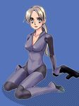  blonde_hair blue_eyes bodysuit breasts feet female full_body gun jill_valentine long_hair oue ponytail resident_evil resident_evil_5 sitting solo weapon 