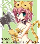  axe bare_shoulders beastmaster berserker bikini breasts cleavage collar double_bladed_axe female final_fantasy final_fantasy_v gloves green_eyes helmet lenna_charlotte_tycoon midriff nau_yoroiduka pink_hair short_hair solo swimsuit tail weapon yoroi_nau 