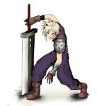  blonde_hair blue_eyes cloud_strife final_fantasy final_fantasy_vii full_body gradient gradient_background highres male male_focus simple_background solo standing sword weapon white_background 