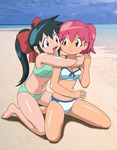  2girls azumaya_koyuki bikini black_hair hinata_natsumi hug keroro_gunsou multiple_girls red_hair ribbon swimsuit 