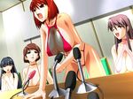  4girls bare_shoulders bikini black_hair breasts brown_eyes brown_hair cleavage eyes_closed female game_cg huge_breasts hypnosis long_hair lowres microphone mind_control multiple_girls open_mouth red_eyes red_hair short_hair smile soushinjutsu_2 string_bikini swimsuit 