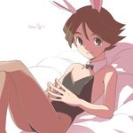  1boy animal_ears bed bow bowtie brown_hair bunny_ears bunny_suit bunnysuit child crossdress crossdressing ichinose_kazuya inazuma_eleven inazuma_eleven_(series) legs_crossed male male_focus pantyhose shota sitting smile solo trap 