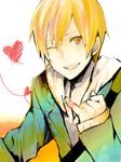  &lt;3 blonde_hair blush brown_eyes durarara!! heart heart_of_string kida_masaomi looking_at_viewer melo open_mouth red_string red_string_of_fate simple_background smile string teeth 