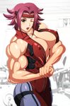  abs biceps bodysuit breasts cleavage code_geass cosplay extreme_muscles female flex flexing headband kallen_stadtfeld karen_kouzaki large_breasts masami muscle muscles muscular muscular_female pose red_hair ren_(tainca2000) rentb wink 