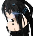  bare_shoulders black_hair black_rock_shooter black_rock_shooter_(character) blue_eyes fire from_behind hair_clip hair_ornament hairclip lipstick long_hair looking_back makeup serious skull star surolen tattoo 