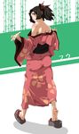  :p ass bare_shoulders barefoot blue_eyes blush body_blush brown_hair feet female full_body fuu hair_ornament highres japanese_clothes kimono long_hair looking_back maaru nail_polish samurai_champloo sandals solo tongue tongue_out white_background 