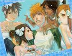  1boy 4girls arisawa_tatsuki bleach blush bow candy dark_skin fork happy_birthday harem inoue_orihime kuchiki_rukia kurosaki_ichigo multiple_girls pimp shihouin_yoruichi 