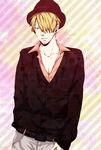  1boy belt blonde_hair collared_shirt earring earrings facial_hair fashion fedora goatee hair_over_one_eye hat jewelry male male_focus one_piece open_collar pink_shirt sanji shirt solo striped striped_background sweater 