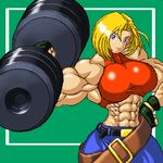  1girl abs blonde_hair blue_eyes blue_mary breasts dumbbell extreme_muscles fatal_fury female king_of_fighters lowres muscle muscles muscular oekaki one_hand ren_(tainca2000) snk solo strong weight_lifting weightlifting weights working_out workout 